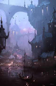 a fantasy city with lots of buildings and boats in the water at night, surrounded by fog