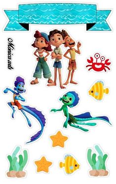 the little mermaids stickers are on display in front of an ocean scene with fish, starfish and octopus