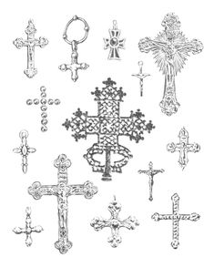 the cross is drawn in black and white, with many different crosses on each side