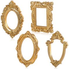 four gold frames with ornate designs on the front and back, all in different sizes