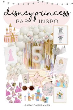 an image of a birthday party with princess decorations and balloons on the wall, including stars,