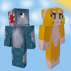 two minecraft characters standing next to each other in front of a blue sky with clouds