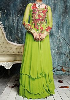 Eternal Design Gorgeous Long Style Anarkali Suit: Deshi Besh. Anarkali Style Floor-length Pista Green Palazzo Set, Long Sleeve Pista Green Georgette Palazzo Set, Floor-length Pista Green Georgette Palazzo Set, Pista Green Unstitched Floor-length Churidar, Green Georgette Anarkali Set With Long Sleeves, Green Georgette Churidar Maxi Length, Green Anarkali Style Floor-length Palazzo Set, Green Georgette Maxi Length Churidar, Green Anarkali Churidar With Long Sleeves