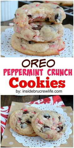 oreo peppermin crunch cookies stacked on top of each other