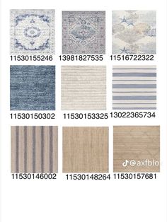 various rugs with different colors and patterns on them, including blue, beige, white and