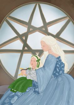 a painting of a woman holding a child in front of a stained glass star window