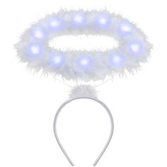 a white headband with blue lights and feathers on it's side, against a white background