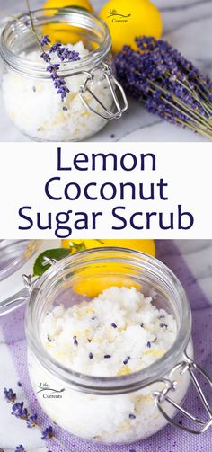 lemon coconut sugar scrub in a glass jar with lavender sprigs on the side