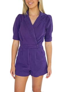 PUFF SLEEVE PURPLE DENIM ROMPER - LUDIC SOUL Purple Denim, Denim Romper, Cinched Waist, Denim Fabric, Cowboy Boots, The Game, Puff Sleeve, Cowboy, Rompers