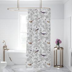 a bath room with a tub and a shower curtain