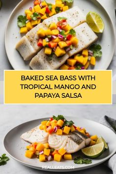 Baked sea bass with tropical mango and papaya salsa on a plate with lime wedges. Sea Bass Recipes Healthy, Papaya Salsa, Healthy Fish Dinners, Baked Sea Bass, Sea Bass Recipes, Steamed Asparagus, Spicy Salsa, Healthy Baked, Protein Rich Foods