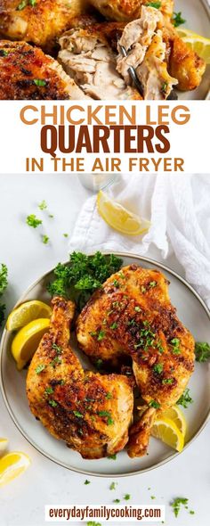 chicken legs in the air fryer on a plate with lemons and parsley