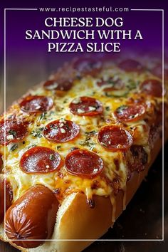 This indulgent Huge Cheese Dog Sandwich is a true comfort food masterpiece, combining a crispy, cheesy hot dog with a slice of pizza, pepperoni, and a generous layer of melted mozzarella cheese. Topped off with a drizzle of garlic butter, this sandwich is the ultimate treat for anyone craving a cheesy, savory indulgence. Perfect for satisfying big appetites and pizza lovers! Beef Hot Dog Recipes, Pizza Grilled Cheese Sandwich, Pizza Pepperoni, Pizza Grilled Cheese, Pork Sandwiches, Slice Of Pizza, Cheese Dog, Big Appetite, Pork Sandwich