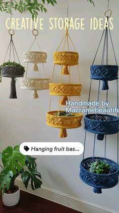 several hanging fruit baskets in various colors and sizes with text overlaying the image