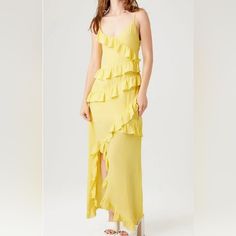 Nwt, Forever 21, Yellow, Sleeveless Maxi Dress, With Riffle Front, Asymmetrical Style Bottom, Side Zipper, Adjustable Strap Back, Size Xl. No Stretch, Lined, No Smoke No Pet Home. Flirty Ruffled Straps Maxi Dress For Summer, Asymmetrical Hem Maxi Dress With Ruffles For Beach, Spring Sleeveless Flirty Maxi Dress, Flirty Sleeveless Spring Maxi Dress, Spring Flirty Sleeveless Maxi Dress, Flowy Sleeveless Ruffle Dress For Date Night, Spring Asymmetrical Ruffle Dress For Brunch, Spring Asymmetrical Ruffled Dress For Brunch, Flirty Asymmetrical Ruffled Summer Dress