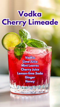 Vodka Cherry Limeade Alcoholic Cherry Limeade, Cherry Limeade Recipe Alcohol, Cherry Limeade Vodka, Cherry Cocktails, Honey Cocktails, Cherry Limeade Recipe, Cocktail Cards, Honey Cocktail, Rainbow Drinks