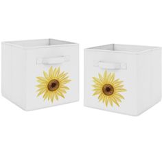 two white storage boxes with yellow sunflowers painted on the front and back sides