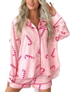 PRICES MAY VARY. Christmas Pajamas for Women Material: Women's 2pcs Christmas pajama sets are made of polyester blend, lightweight, breathable, skin-friendly, soft and comfy. Christmas pajama pants set for women, pjs sets for women, Women silk 2 pcs pajamas set. Christmas Jammies Women: Silk pjs sleepwear shorts set, cute print Xmas pajamas set for women, button down christmas pajamas suit, long/short sleeve button down tops short pants pj set, 2 pieces sleepwear button down pjs set, christmas pajamas women set. Cute Pajama Set Design: long/short sleeve, lapel notch collar, button down, v neck, casual shirt tops; casual loose relax fit, elastic high waist wide leg short pants, above the knee length. Red striped, Christmas candy canes, cocktails wine glass, cute santa claus print Occasion: Christmas Pajamas Shorts, Women Christmas Pajamas, Christmas Pajama Shorts, Pajamas Shorts, Womens Christmas Pajamas, Xmas Pajamas, Pyjama Satin, Cute Sleepwear, Chic Summer Outfits