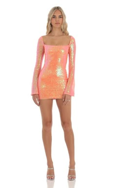 Paola Iridescent Sequin Long Sleeve Dress in Orange | LUCY IN THE SKY Orange Hoco Dress, Long Sleeve Hoco Dress, Sequin Long Sleeve Dress, Dresses For Dances, Hoco Dress Ideas, Hoco Dress Inspo, 8th Grade Formal, Hoco Inspo, Hoco Ideas