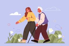 an elderly man and woman are walking in the park with their canes up to their ankles