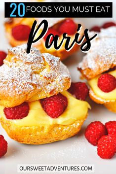 desserts with raspberries and powdered sugar on top are featured in this post