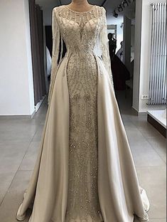 Crystal Prom Dress, Baju Kahwin, 2021 Prom Dresses, Champagne Prom Dress, Detachable Skirt, Long Sleeve Prom, Dress Classy, Beaded Prom Dress, Evening Dress Fashion