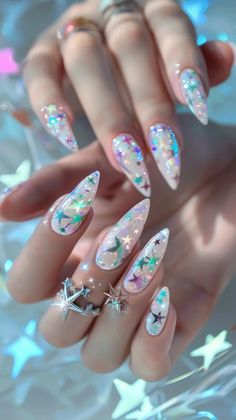 Diamante Nails, Magical Nails, Star Nail Designs, Beauty Land, Glitter Tip Nails, Encapsulated Nails, Statement Nail, Star Nail, Celestial Magic