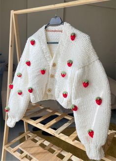 Cute strawberry cardigan with you!❤️ %100% handmade and strawberry carefully sewn. There is no nylon in the rope we use in our cardigan. This soft cardigan will be a great gift to yourself and your loved ones. 🍓  If you want to change the color of the cardigan, the buttons or the strawberry colors, you can send me a message. I will always be here to communicate and meet you. 💬  - PACKAGING - We support protecting nature. we use recyclable packages. Handmade accessories suitable for the model a Cute Knit Cardigan, Cute Strawberry Things, Crochet Strawberry Cardigan, Cute Crochet Sweaters, Aesthetic Knitted Sweater, Useful Gift Ideas For Women, Cute Crochet Cardigan, Cardigan A Crochet, Strawberry Accessories