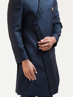 PAMA212-3 Elegant Blue Nehru Jacket With Resham Embroidery, Tailored Elegant Formal Kurta, Elegant Tailored Sherwani For Eid, Elegant Tailored Long Sleeve Kurta, Tailored Long Sleeve Elegant Kurta, Blue Embroidered Sherwani For Semi-formal Occasions, Semi-formal Embroidered Blue Sherwani, Semi-formal Blue Embroidered Sherwani, Elegant Navy Long Sleeve Set