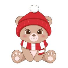 a brown teddy bear wearing a red hat and scarf sitting on the ground with its paws crossed