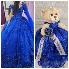 a teddy bear in a blue dress with a tiara