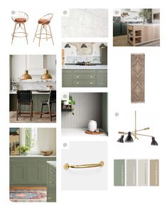 green kitchen cabinets and countertops with gold accents