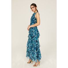 Blue floral chiffon (100% Polyester). A-line. Sleeveless. Crewneck. Back zipper closure. 48.5" from shoulder to hemline. Imported. Blue Floral Dress, Rent The Runway, Floral Blue Dress, Closet Designs, Floral Chiffon, Badgley Mischka, Blue Floral, Floral Dress, Ruffles