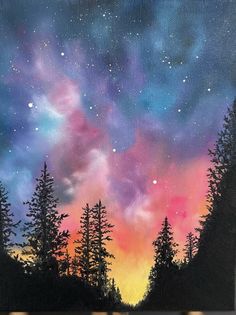 an acrylic painting of trees and the night sky