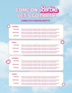 an advertisement for barbie let's go party with pink and blue clouds in the background