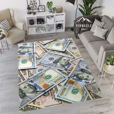 a living room area rug with money on the floor