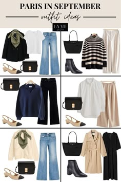 Graphic of outfits to pack for Paris Paris September Fashion, Outfit For Paris Autumn, Paris Fall Capsule Wardrobe, Paris Outfit Ideas September, Paris Outfits September 2023, What To Pack For Paris In September, Autumn In Paris Outfit, Paris September Outfits, Paris In September Outfits