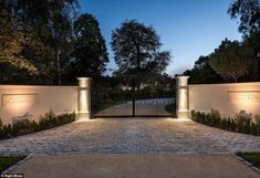 an entrance to a home with two gates and lights on it at night, leading into the driveway