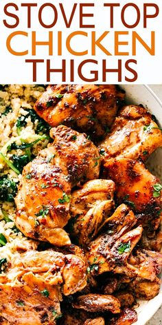 chicken thighs with spinach and rice in a white bowl