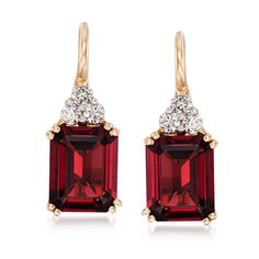 Ross-Simons - 6.25ct t. w. Garnet, .38ct t. w. Diamond Drop Earrings in 14kt Yellow Gold. Instantly brighten your look with a colorful pair of emerald-cut gemstones topped in diamond trios. These drop earrings boast 6.25 ct. t. w. of sultry garnets with .38 ct. t. w. of round brilliant-cut diamonds in 14kt yellow gold. Hanging length is 7/8". Leverback, diamond and garnet drop earrings. Garnet birthstones are the perfect gift for January birthdays. Dazzling Diamond Gemstone Earrings For Formal Occasions, Dazzling Diamond Gemstone Earrings For Formal Events, Formal Baguette Cut Earrings With Diamond Accents, Formal Baguette-cut Earrings With Diamond Accents, Classic Baguette Cut Gemstone Earrings, Formal Red Diamond Earrings, Formal Baguette Cut Fine Jewelry Earrings, Formal Fine Jewelry Earrings With Baguette Cut, Fine Jewelry Baguette Cut Earrings For Formal Occasions