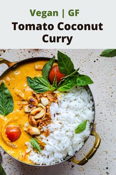 vegan gf tomato coconut curry in a pot with white rice and basil leaves