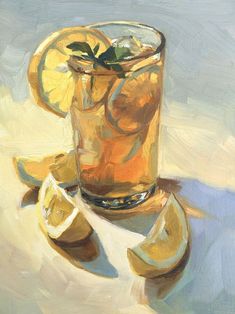 an oil painting of a glass with lemons