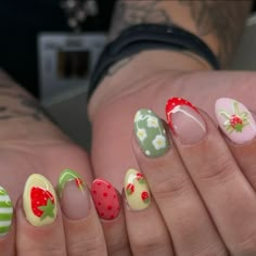 Summer Strawberry Nails, Picnic Nails Design, Strawberry And Blueberry Nails, Farmers Market Nails, Strawberry Shortcake Nails Designs, Funky Summer Nails 2024, Strawberry Shortcake Nails Acrylic, Strawberry Lemonade Nails, Strawberry Themed Nails