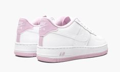 The Nike Air Force 1 Low returns with yet another awesome colorway of the iconic silhouette—this time, in kids sizing.  A pastel update for fans of white sneakers, the low-profile Air Force 1 features light pink highlights on the heel, collar, and tongue label.  On the lower half, a corresponding light pink sole completes the look and juxtaposes nicely with the all-white leather up top.  Nike Air branding appears on the tongue, heel, and midsole. Pastel Sneakers With Rubber Sole For Streetwear, Nike Air Force 1 White With Gum Sole, Sporty White Nike Air Force 1 With Rubber Sole, Nike Pastel Casual Sneakers, Nike Air Force 1 White For Light Sports, Casual Pink Nike Air Force 1 With Gum Sole, Lilac Shoes, Pink Highlights, Top Nike