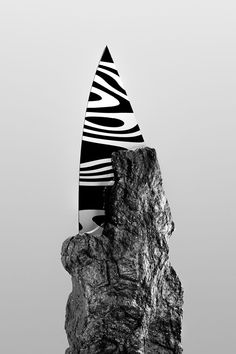 a black and white photo of a surfboard on top of a rock