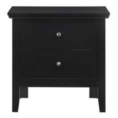 a black night stand with two drawers and one drawer on the bottom, in front of a white background