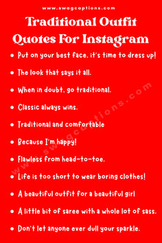 a red poster with the words traditional outfit quotes for instagramm and other things to do