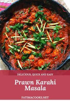 prawn kartahi masala recipe in a cast iron skillet with text overlay