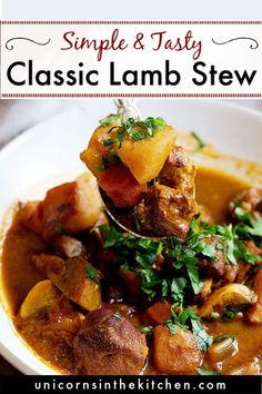 a spoon full of stew with potatoes and parsley in it, on top of a white plate