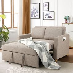 a living room scene with focus on the couch and chair, which has a blanket draped over it